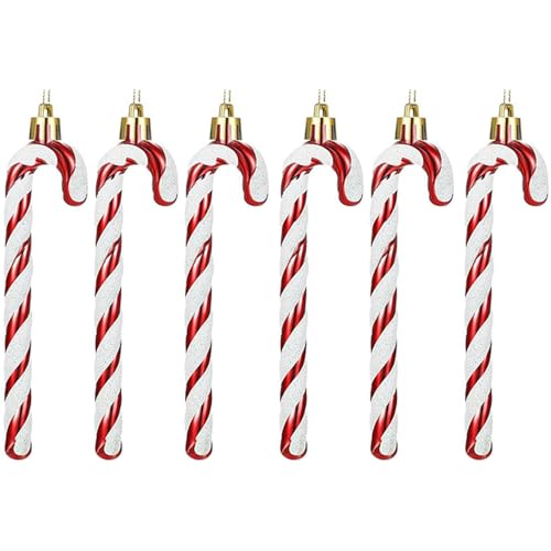 6 PCS 13cm Glitter Candy Cane Christmas Tree Decorations, Glitter Candy Cane Christmas Tree Hanging Decoration Bauble Xmas Ornament, Red + White