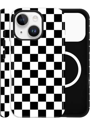 Coque iPhone 14 Plus MagSafe magnétique damier noir esthétique