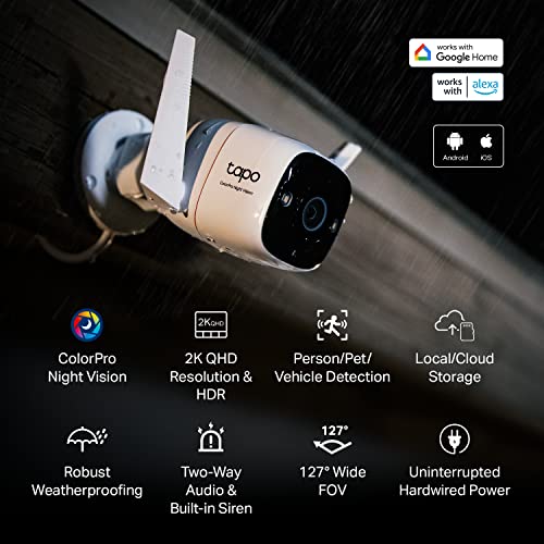 Tp-Link Colorpro Wi-Fi Outdoor Camera | Plug-In | Daylight Clarity At Night | 2K Qhd | Person/Pet/Vehicle Detection | Local/Cloud Storage | 127° Fov | Built-In Siren | Works W/Alexa & Google Home #TOP1