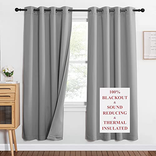 NICETOWN Silver Grey Noise Insulation Curtain Panels, Energy Smart & 100% Blackout Drapes for Dining Room Window, Thermal Insulated Guest Room Lined W
