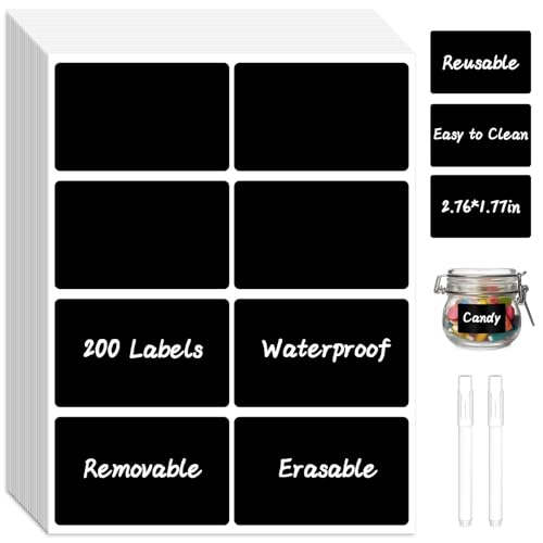 200 Chalkboard Labels, Removable Labels for Storage Bins | Food Containers,Waterproof Reusable Blackboard Stickers,Label Stickers with 2 Liquid Chalk Marker for Spice Jars Mason Bottle