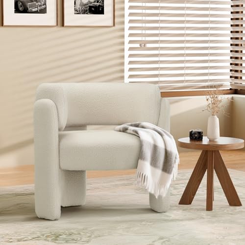 COLAMY Modern Velvet Ohrensessel, Gepolsterter Sessel Wohnzimmer, Bequemer Runder loungesessel mit 3 Beinen für Wohnzimmer, Schlafzimmer, Leseecke, Creme