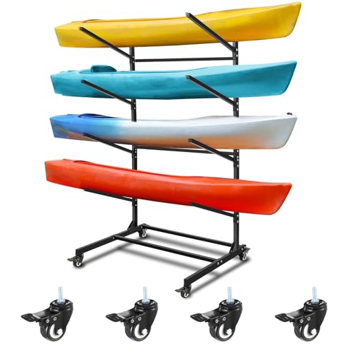 Gisafai Kayak Storage Rack, Freestanding Kayak Stand with Wheels, Adjustable Heavy Duty Kayak Holder Weatherproof Stand Outdoor Storage Rack for Kayaks, SUP, Canoe Paddleboard