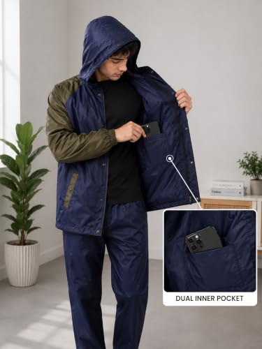 Image of Dollar Men's Waterproof Raincoat Set with Detachable Plastic Visor Hood | Lightweight Polyester Jacket Pant Rainwear Suit with 4 Pockets, Full Sleeve Leakproof for Biking, Trekking & Outdoor