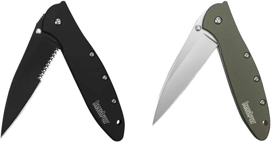Kershaw Leek, Black Serrated Pocket Knife ; 3 inch Partially Serrated 14C28N Steel Blade & Leek Olive Handle with 14C28N Sandvik Steel; Ken Onion Classic Design, Slicing and Piercing Blade