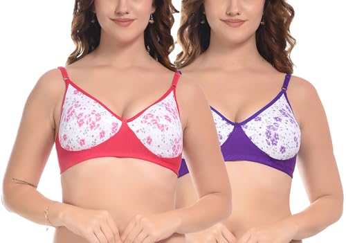 Image of FIMS - Fashion is my style Women Cotton Blend Floral Bra Non-Padded Non-Wired Full Coverage T-Shirt Combo Pack Multicolor Cup- B