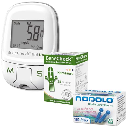 BeneCheck Premium Harnsäure-Messgerät Bundle inkl. 35 Teststreifen & 100 Lanzetten | Uric Acid Testgerät zur Gichtkontrolle | präzise & einfach zu bedienen