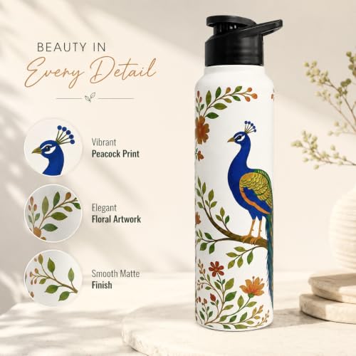 Image of Omichef Stainless Steel Single Wall Peacock Floral Print 1000ML, Fridge Water Bottle |BPA Free | Leak-Proof, Best for School /Office /Home /College