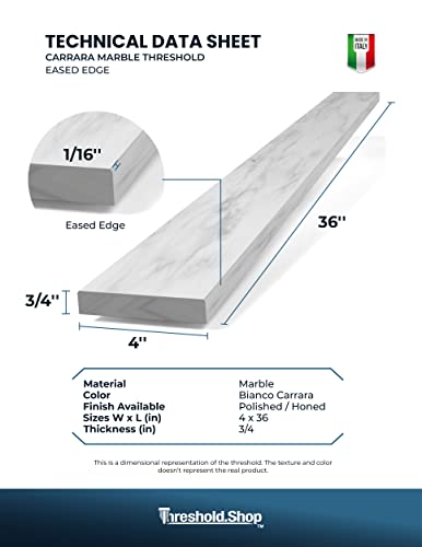 Threshold.shop White Carrara Marble Saddle | Eased Edge | 3/4” Thickness (Marble Honed, 4" X 36") #TOP5
