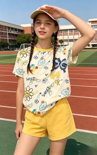 Image of Girls Clothes 2PCS Butterfly Print Short Sleeve T-Shirt + Shorts Set Teen Tween Girls Summer Outfits Set