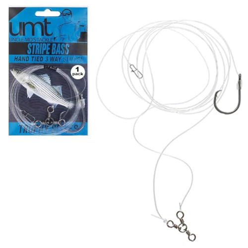 3-Way 8/0 Circle Hooks Striped Bass Rigs - Uncle Mo's Saltwater Fishing Tackle, Robust 60lb 3way Swivel, 4ft 60lb Monofilament Leader for Surf, Beach & Boat Fishing