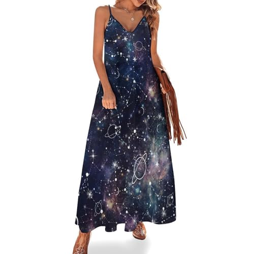 Robe longue espace galaxie sans manches pour femme | Tenue été maxi pour la plage et les voyages