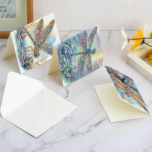 Image of 6 Pcs 5D Diamond Painting Greeting Cards Kits Dragonfly, Handmade Festival Greeting Cards with Envelopes DIY Diamond Art Crafts Birthday Cards Shimmer Design for Birthdays Holidays (30x15cm)