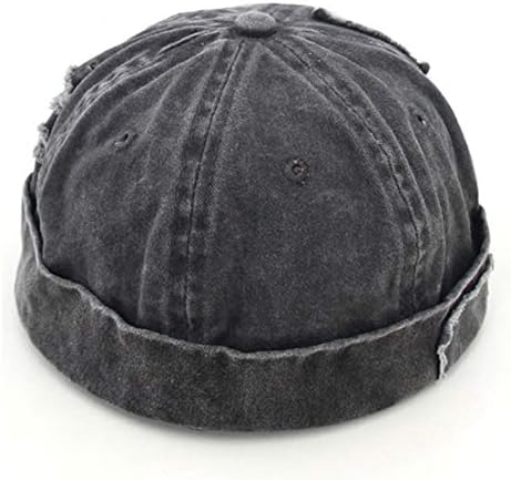Children Vintage Distressed Brimless Cap Rolled Cuff Skull Cap for Kids Washed Denim Harbour Docker Hat for Boys Girls (Black)