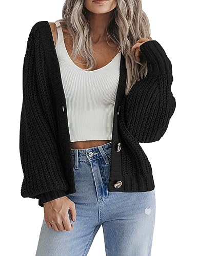 Hotouch Damen Cardigan Schwarz Kurz Solid Langarm Strickcardigan mit Knopf...