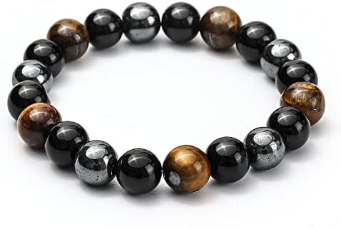 Frmingdocj Triple Protection Bracelet,Genuine Tigers Eye Black Obsidian and Hematite 10mm Beads Bracelet for Men Women, Crystal Jewelry Healing Bracelets Bring Luck and Prosperity and Happiness