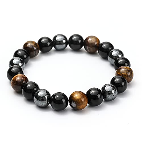 Frmingdocj Triple Protection Bracelet,Genuine Tigers Eye Black Obsidian And Hematite 10Mm Beads Bracelet For Men Women, Crystal Jewelry Healing Bracelets Bring Luck And Prosperity And Happiness #TOP1