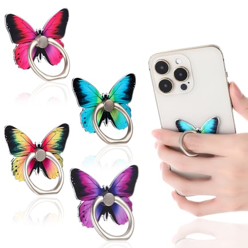4 Stück Handy-Ringhalter – Niedliches Einhorn & Schmetterling-Design, 360° Drehbar, Selbstklebend, Für Smartphones