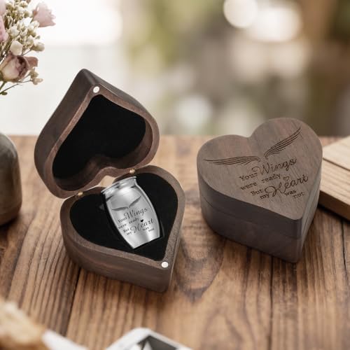 Dletay Angel Wing Small Urns for Human Ashes Heart Shaped Wooden Keepsake Box 1.57 Inches Mini Cremation Urns for Women Men Memorial Funeral Urn