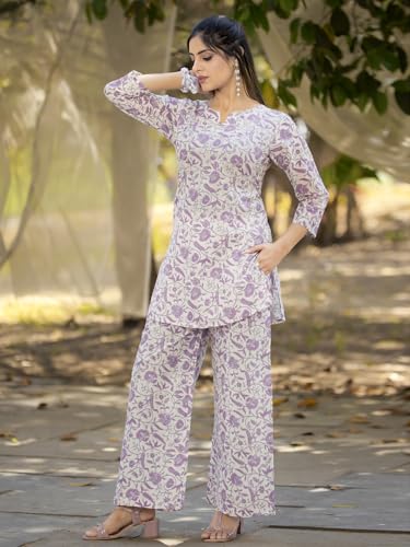 Image of Pinkmint Printed Pure Cotton A Line Co Ord Set for Women l Stylish 3 /4 Sleeve with Side Pocket l Two Piece Summer Set