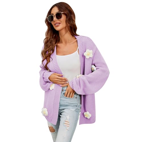 Image of Women's Knit Floral Applique Open Front Cropped Cardigan Sweater Lantern Sleeve