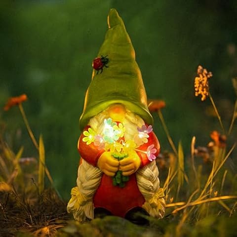WONDHOME Solar Garden Gnome Lady Statues Outdoor Gnomes with Flowers Lights Porch Patio Lawn Yard Decoration - Ideal Christamas Gardening Birthday Gifts for Woman Mom Cover