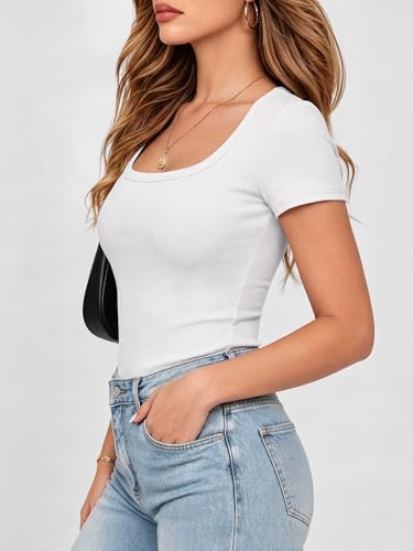 ANRABESS Women Short Sleeve Tops Scoop Neck Ribbed Knit Slim Fitted Basic Tee Shirt Casual Summer Clothes 2026 Spring Outfits White Medium — view 2