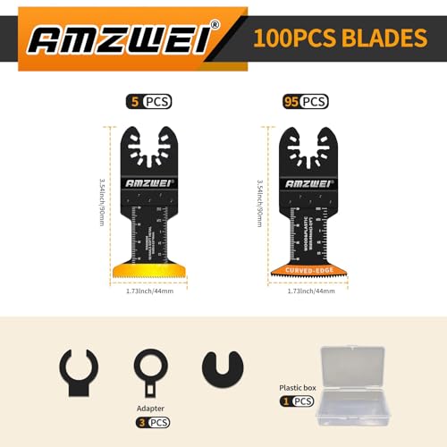 AMZWEI 100PCS Oscillating Tool Blades, Titanium & HCS Oscillating Saw Blades for Metal/Wood/Plastic Cutting, Curved Edge Multi Tool Blades Fit for Dewalt, Milwaukee, Dremel, Ryobi, Rockwell