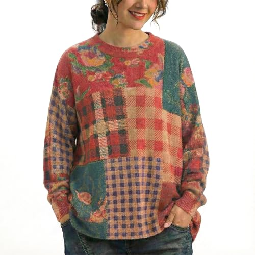 Women's Oversized Boho Knit Sweater, Long Sleeve Patchwork Mixed Floral Geometric Printed Patterns Pullover, Multicolor (E,XXL)