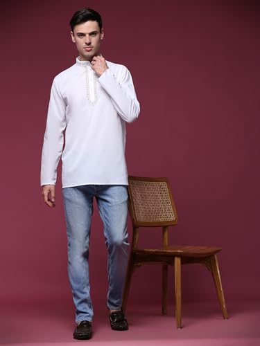 Image of SKAVIJ Men's Cotton Embroidered Kurta Shirt - Long Sleeve Traditional Indian Tunic for Casual