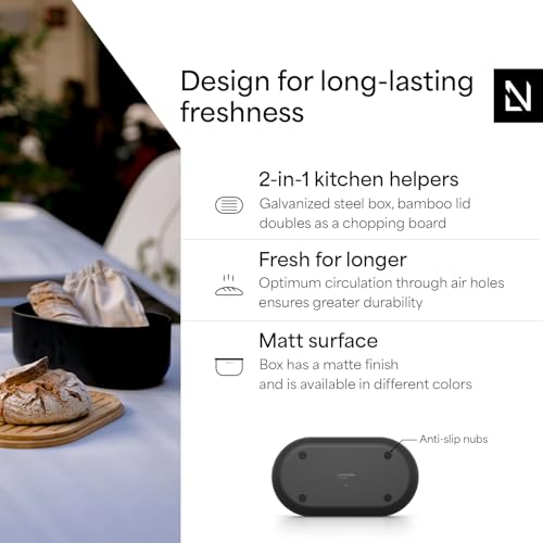 Image of LARS NYSOM Bread Box I Metal Box for long lasting freshness I Bread Bin with bamboo lid usable as cutting board I 13.8x7.7x5.3 In (Midnight Black)