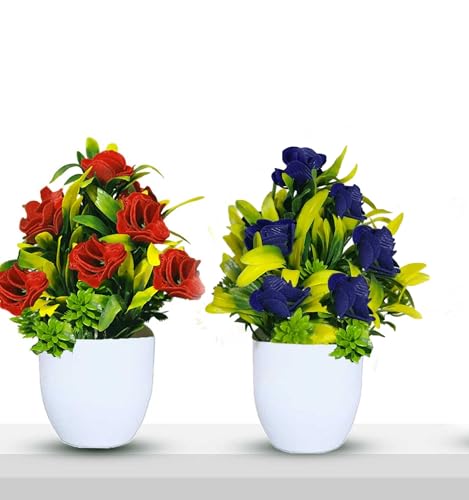 Image of Artificial Flower Plants for Home Decor - Set of 2 Mini Potted Plants in White Pots | Red & Blue Ideal for Living Room, Office, Indoor Outdoor Decoration