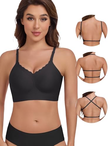 HBselect Low Back Bras for Women Deep V Seamless Bralette Wireless Backless Bra Convertible Straps Halter Bra Black