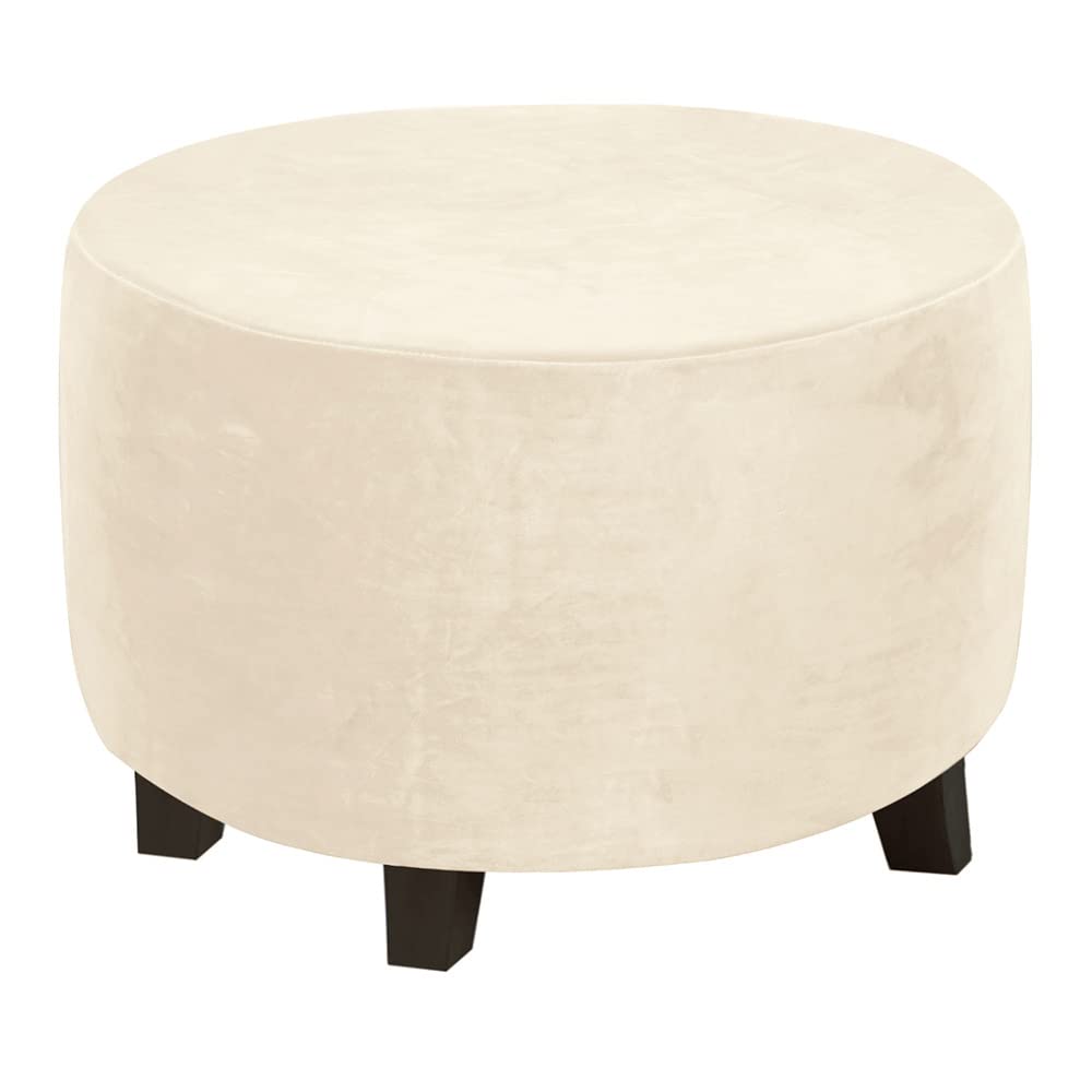 Housse ronde en velours extensible beige anti-glisse pour pouf