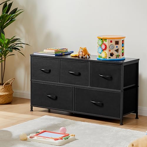 DUMOS Kommode mit Schubladen - Kommoden & Sideboards für Schlafzimmer Geeignet, Komodenschrank mit 5 Schubladen, Stoffkommode mit Stabilem Stahlrahmen, Ideal für Schlafzimmer, Wohnzimmer (Schwarz)