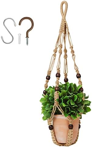 mivofo Macrame Plant Hanger Indoor, 23" No Tassel Hanging Plant Holder, Sturdy Flower Pot Holder with 2 Hooks - Brown (Pot NOT Included)