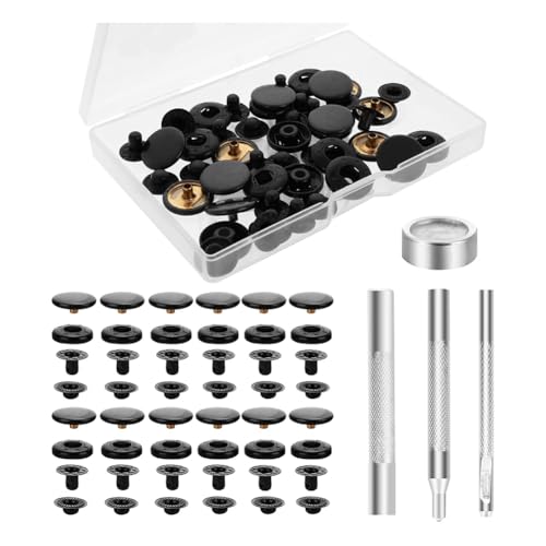 Ohewiiuk Kit de 12 Juegos de Broches A Presión de 15 mm para Botones A Presión de, Kit con 4 Herramientas de Colocación, Kit de Remaches de para Ropa