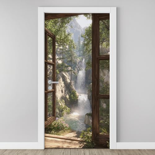 3D Papier Peint Porte Trompe L'Oeil Effect Ruisseau de Montagne Cascade Affiche Fenêtre En Bois Sticker de Porte Poster, Auto-adhésif Imperméable Paysage...