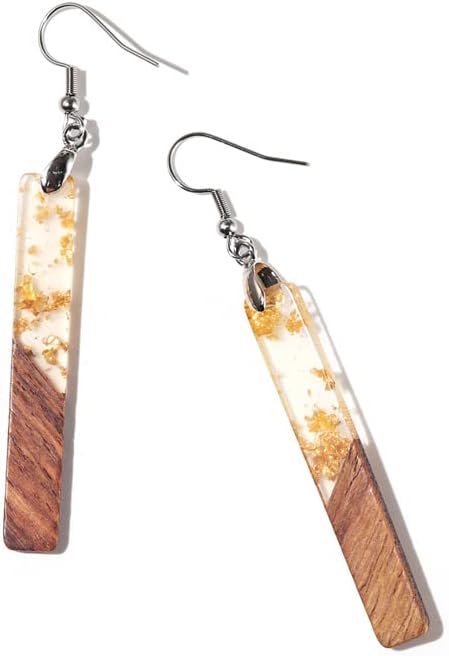 Retro Wooden Resin Geometric Bar Drop Dangle Earrings Layered Leopard for Women Polymer Clay Lightweight Statement Jewelry