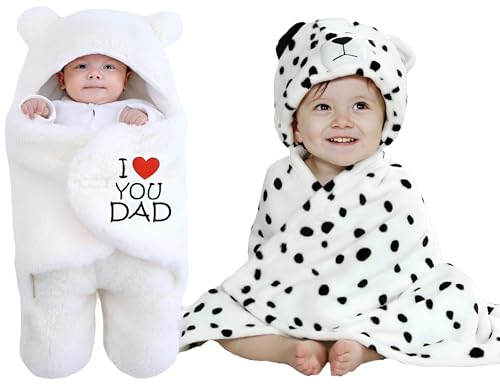 Image of Swissberry Baby Bedding Sets, Blankets Newborn Pack of Hooded Wrapper, Swaddler for Baby Boys and Girls, 0-6 Months, L 80 cm x B 80 cm, Pack of 2 pcs (White Polka & White Dad)