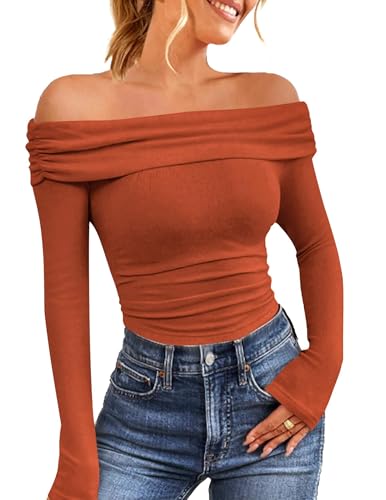 HOTOUCH Off Shoulder Tops for Women Going Out Blouses Sexy Small Fitted Shirt Tight Off Shoulder Top Basic Long Sleeve Sexy Blouses Fall Cute Tops Sexy Clothes Caramel
