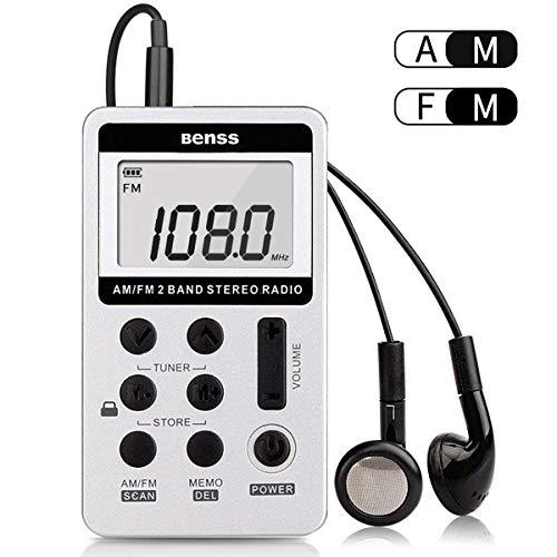 Mini Radio Portátil Pequeña Mini Radio de Bolsillo Am FM Estéreo Sintonización Digital Radio con Pantalla LCD Cordón USB Recargable y Auriculares (Silver)