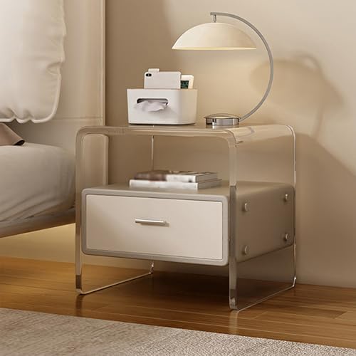 Modern Acrylic Nightstand with Drawer - Transparent Bedside Table for Bedroom & Living Room, Clear Design Ideal for Small Spaces, Light Gray Finish