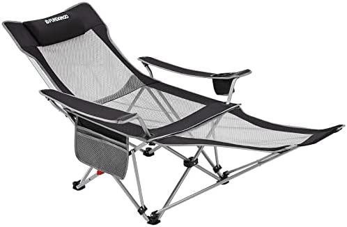 FUNDANGO Reclining Camping Chair with Foot Rest, Portable Mesh Folding Lounge Chairs, Adjustable Chaise Lawn Chair with Headrest, Cup Holder, Storage Bag, for Outdoor Picnics BBQ, Black