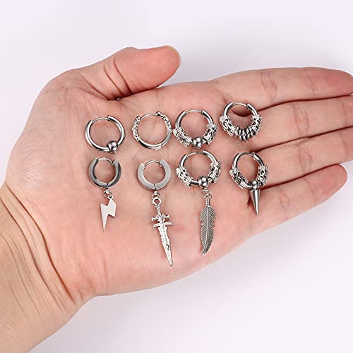 Sailimue 8Pairs Surgical Stainless Steel Huggie Hoop Earrings For Men Women Hypoallergenic Punk Hip Hop Cool Goth Earrings Black Silver Vintage Feather Drop Dangle Earrings Set Silver #TOP4