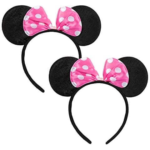 CHuangQi Mouse Ears Headband 2pcs, Solid Black and Pink Bow with Polka Dot, Party Favors Cover