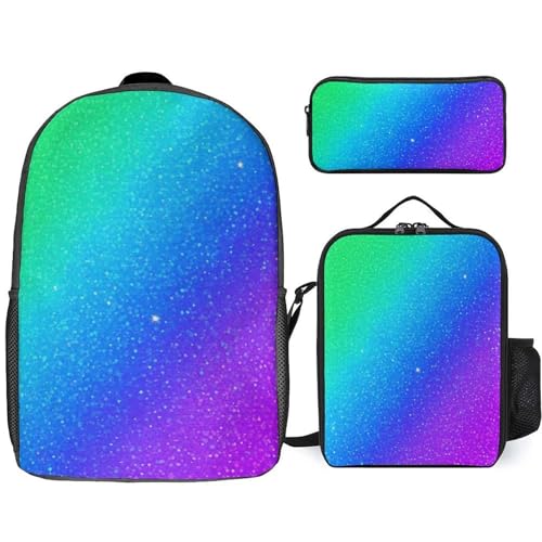 3PCS Backpacks Set, Large Capacity Travel Daypack 17 Inch Beautiful Turquoise Bling Glitter Sparkles Pattern Insulated Lunch Bag Lightweight Compact Pencil Pen Case