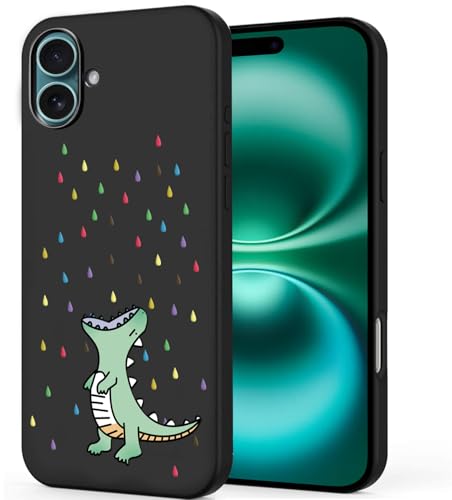 Unov Case Designed for iPhone 16 Plus, Black Phone Case with [Anti-Slip Embossed Pattern], Shockproof Slim Protective [Anti-Scratch TPU] Back Cover, Rainbow Dinosaur - image 1