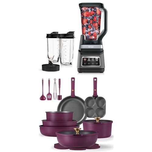 Ninja Bender BN751 Professional Plus DUO 1400W 72oz + CAROTE Juego 21 Ollas Sartenes Anti-adherentes Dorado Morado
