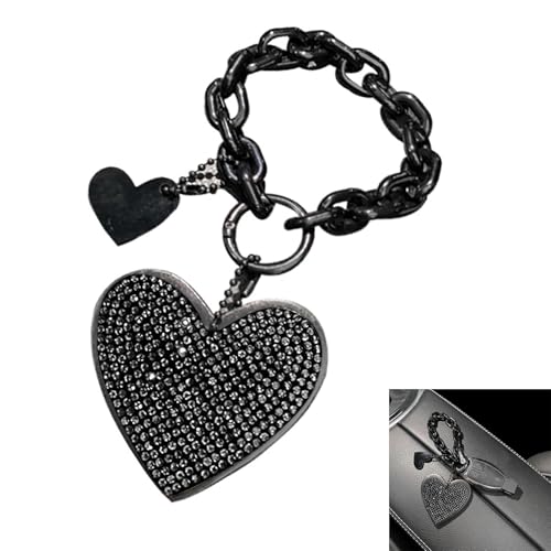 Cute Heart Keychain, Pretty Bling Key Chain Accessories, Sparkling Diamond-Studded Microfiber Leather Car Keyring Wristlet For Women Girls Car Keys Purse Charms Handbag Backpack Accessories (Black)